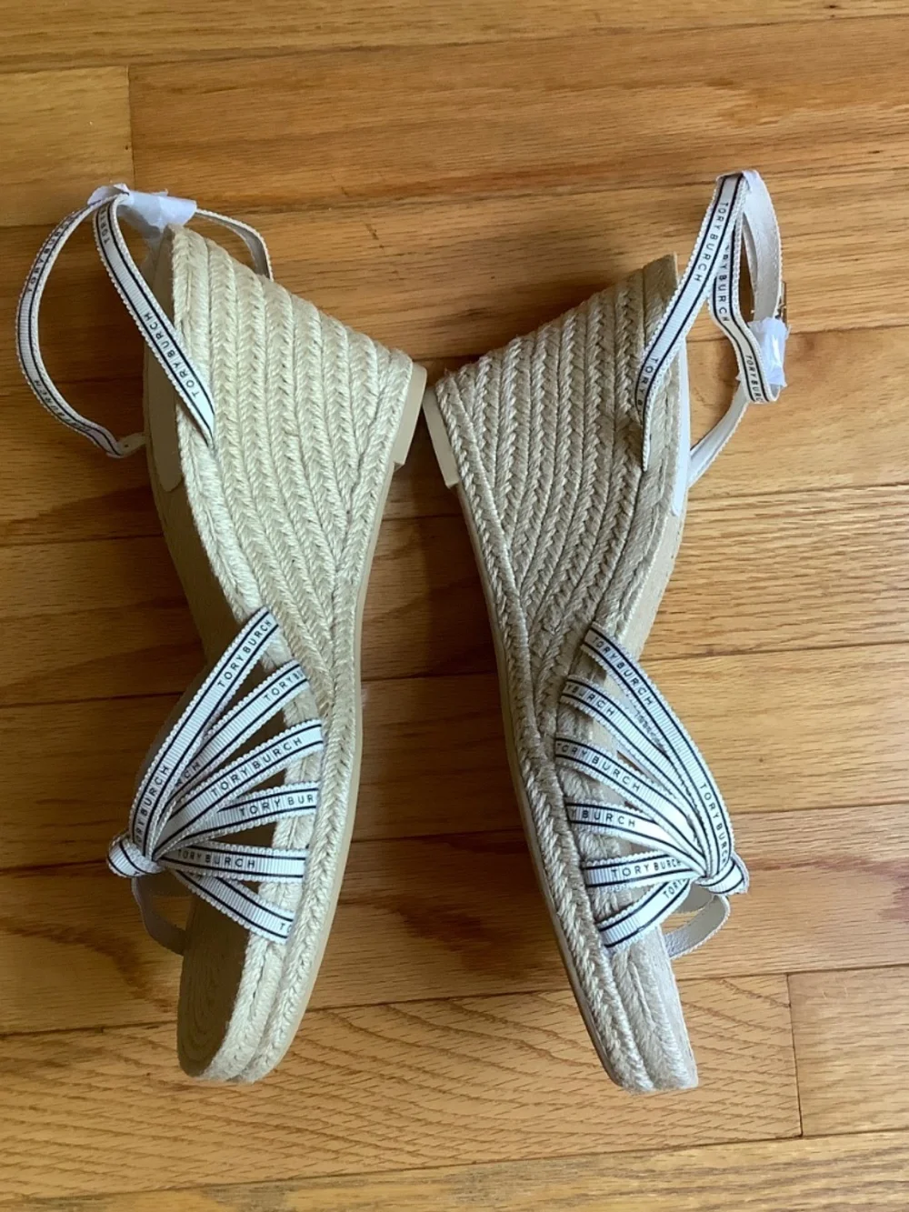 TORY BURCH Tory Ribbon Wedge Espadrille Cream/Black SZ 9.5 NWOT